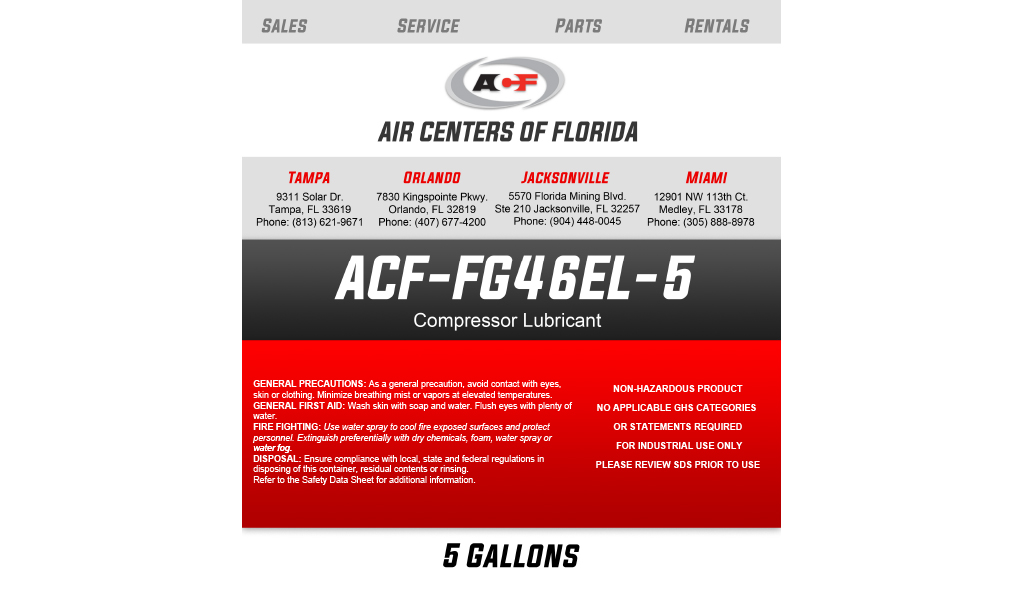 The image displays an Air Centers of Florida fg4646el-5 generator service manual or data sheet with contact information for service and rental locations in Tampa, Orlando, Jacksonville, and Miami. There are