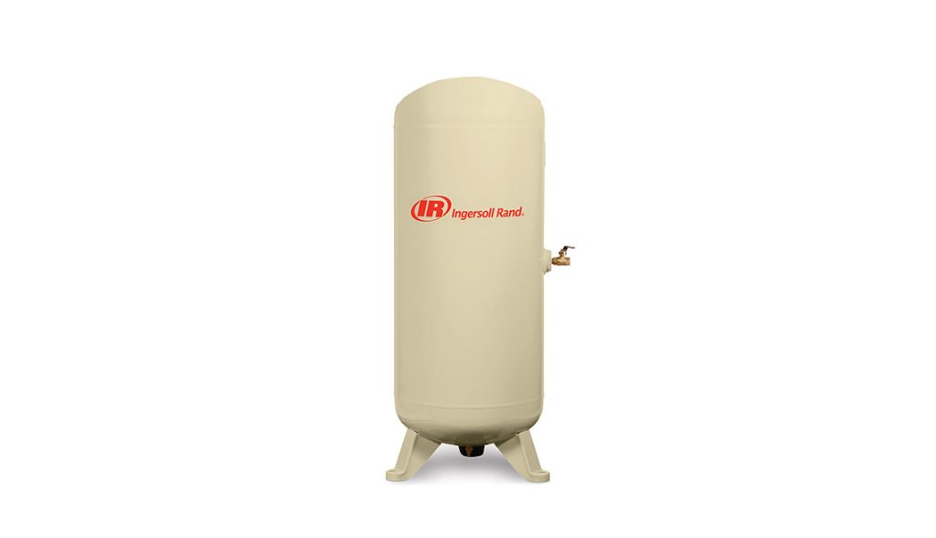 A stand-alone beige vertical air compressor tank with the Ingersoll Rand logo on a white background, available at Air Centers of Florida.