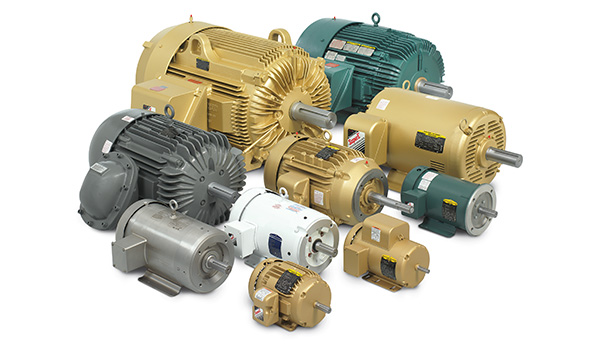 Various types and sizes of industrial electric motors from Air Centers of Florida on display against a white background.