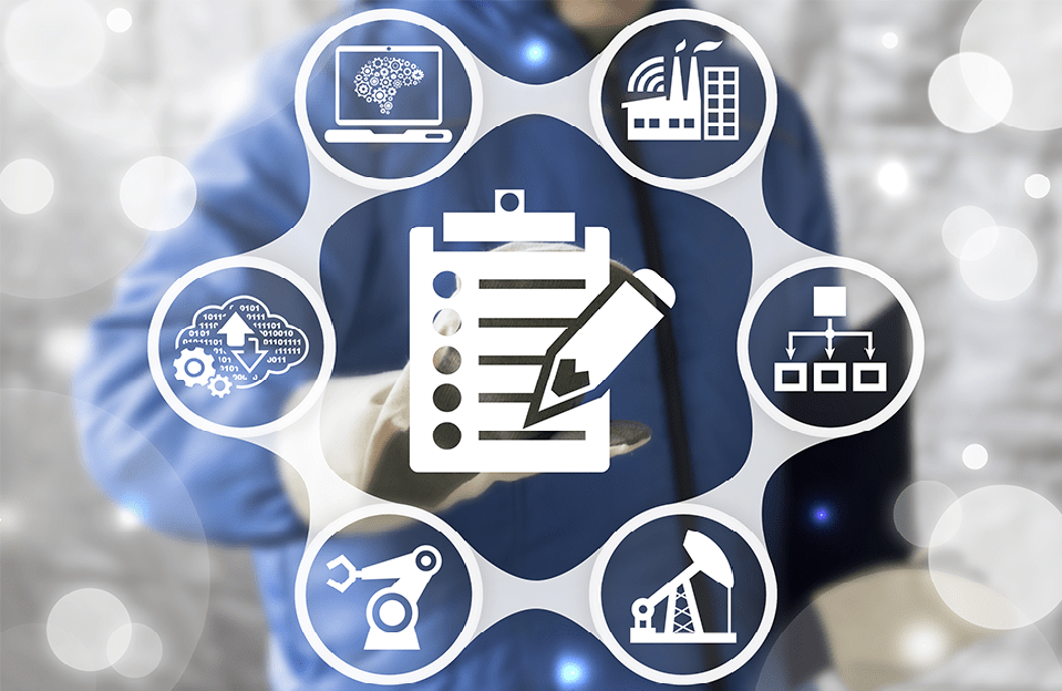 Industry professional interacts with futuristic interface showcasing various manufacturing and Air Centers of Florida technology icons.