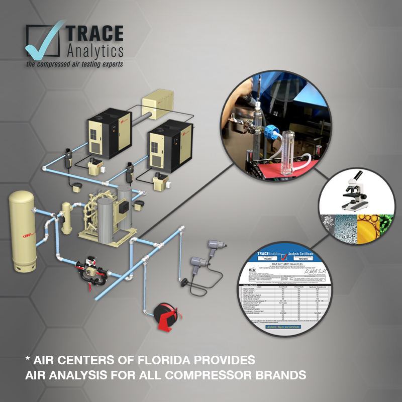 An infographic showcasing the services offered by Air Centers of Florida, highlighting their expertise in compressed air testing across all compressor brands, with images of air compressors, testing equipment, laboratory analysis, and a technician