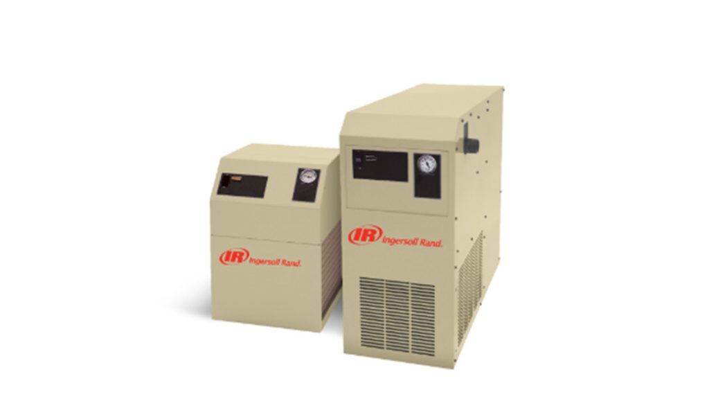 Two industrial air compressors from Ingersoll Rand of different sizes on a white background, provided by Air Centers of Florida.