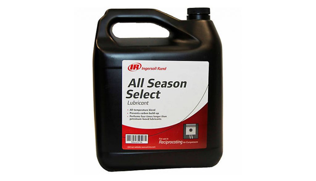 A black plastic jug of Ingersoll Rand All Season Select lubricant with a red and white label, designed for use in reciprocating air compressors, available at Air Centers of Florida.