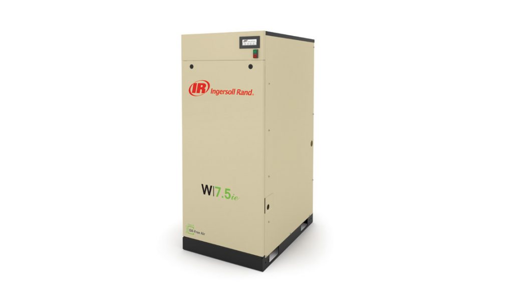 An Ingersoll Rand industrial air compressor model w7.5ie from Air Centers of Florida, featuring a sleek vertical design and a two-tone beige color scheme, ready for heavy-duty performance.