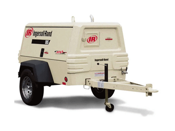 A portable Ingersoll Rand air compressor on a single axle trailer, model 185, parked and ready for industrial use by Air Centers of Florida.