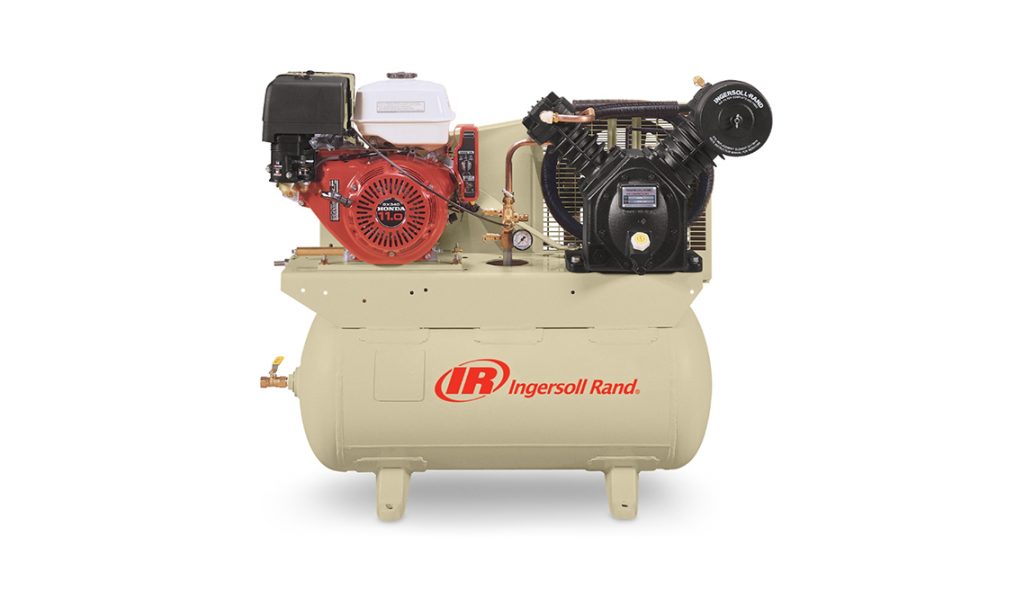 A stationary industrial air compressor with a horizontal tank and multiple engine components, branded Ingersoll Rand, offered by Air Centers of Florida.