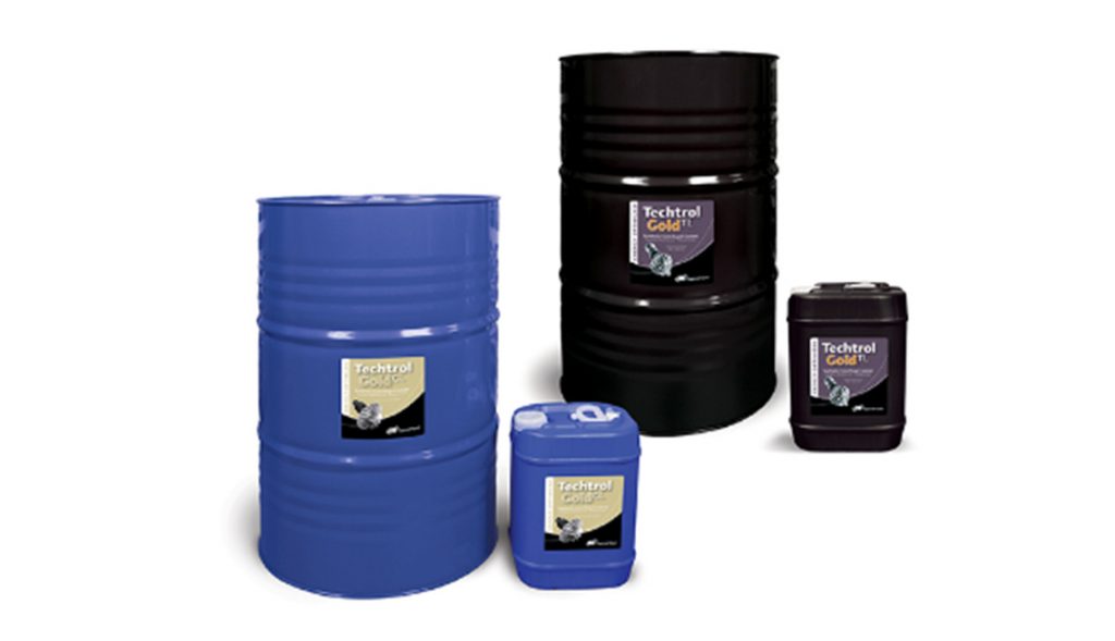 A collection of industrial lubricant containers in varying sizes with the label "techtrol gold" from Air Centers of Florida on a white background.