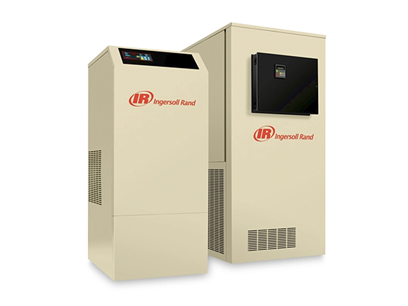 Two industrial Ingersoll Rand air compressors from Air Centers of Florida standing side by side against a white background.