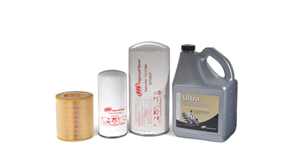 Various automotive maintenance products including oil and air filters from Air Centers of Florida alongside a container of engine coolant.