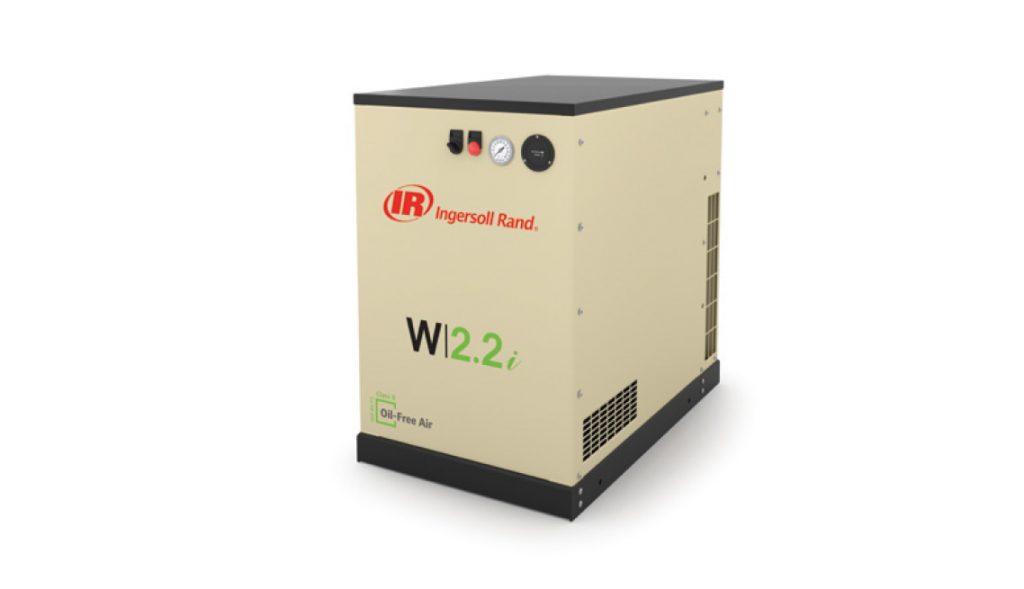 A stationary Ingersoll Rand air compressor unit from Air Centers of Florida with model number w2.2.i, featuring a tan and black color scheme.