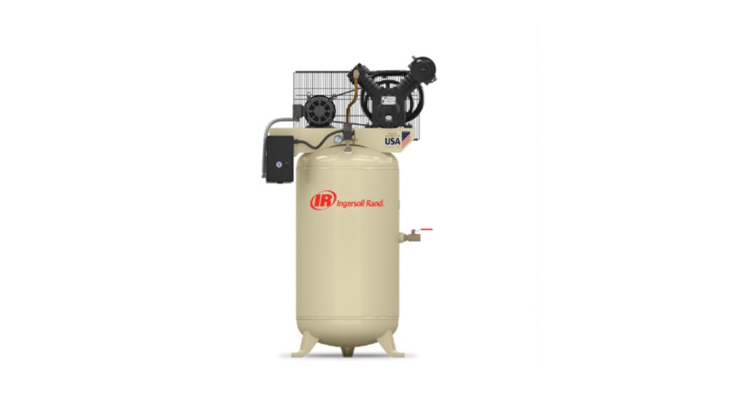 A stationary vertical air compressor with a large cylindrical tank and a black motor mounted on top, featuring the logo of Air Centers of Florida.