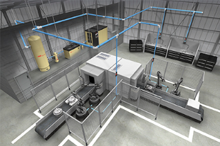 An illustrative 3d model of a modern industrial facility, including Air Centers of Florida, with an intricate network of overhead pipes, a series of machines, a control desk, storage racks, and